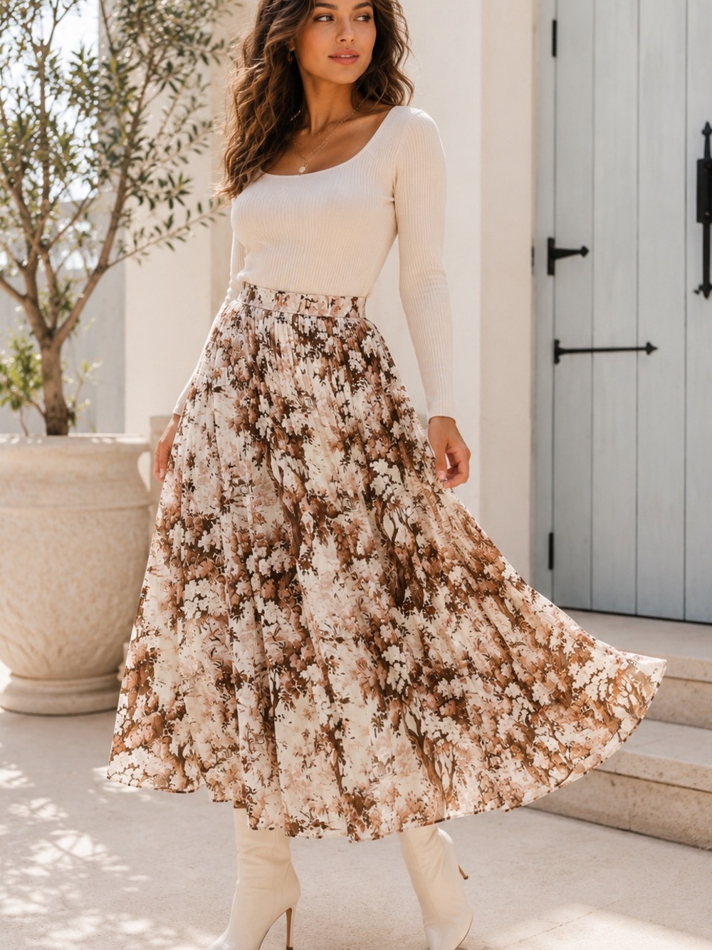 Mestiza New York Daniella Pleated Midi Skirt Sz 8 Brown Cream Feminine NWT